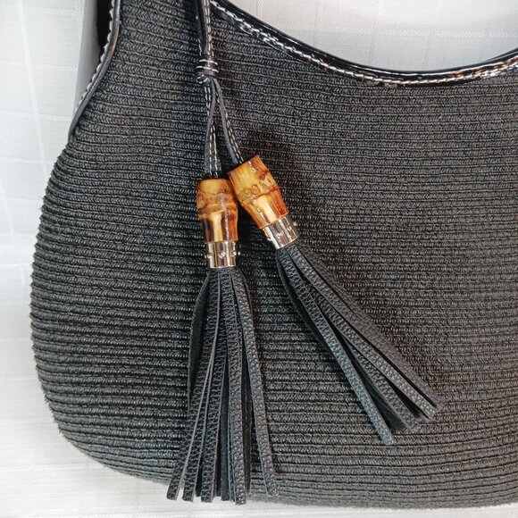 Vintage Talbots Black Wicket Basket Weave Bamboo Tassel Hobo Shoulder Bag - Picture 2 of 9